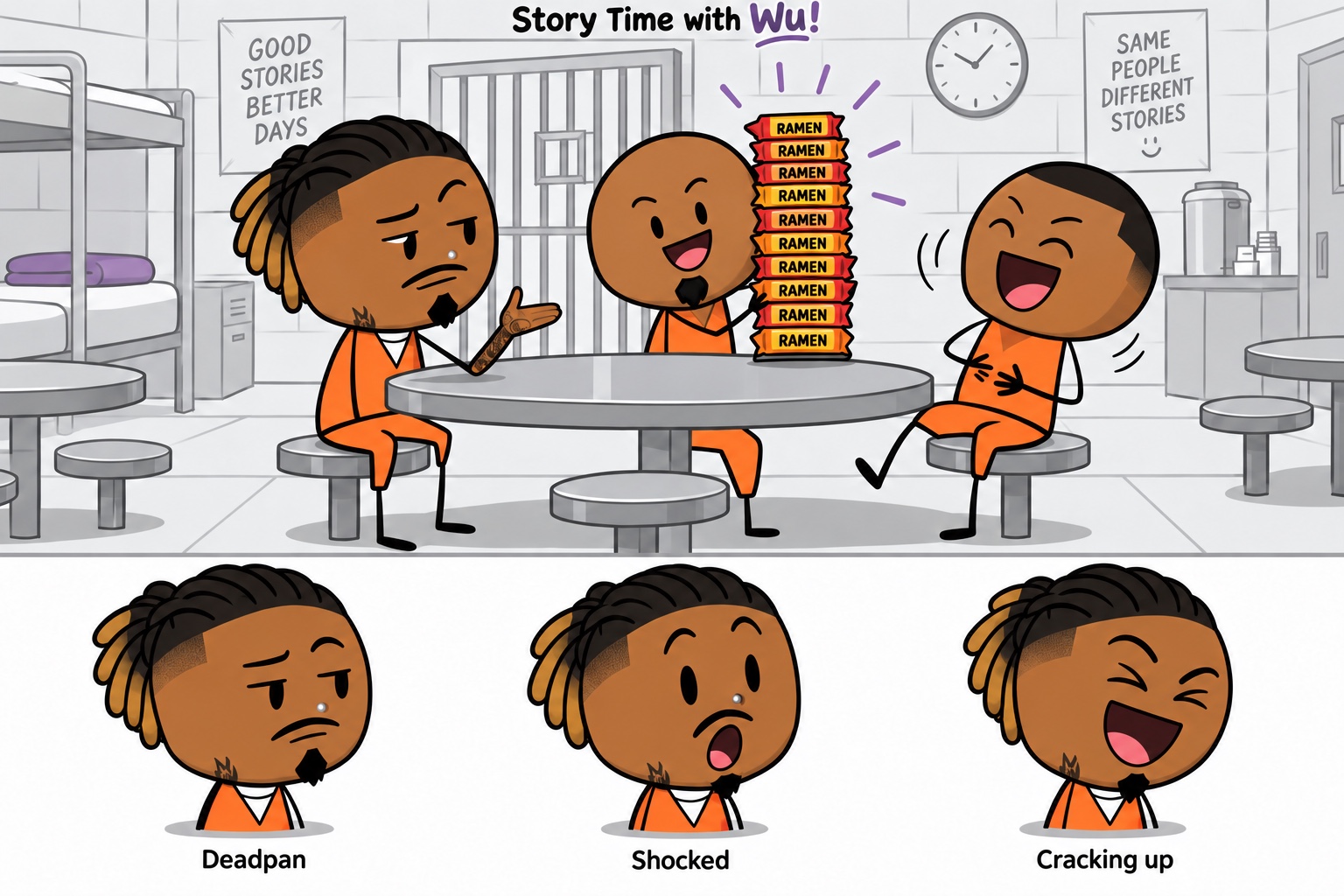 Wu and two animated cellmates share a laugh over a stack of ramen in a jail dayroom.